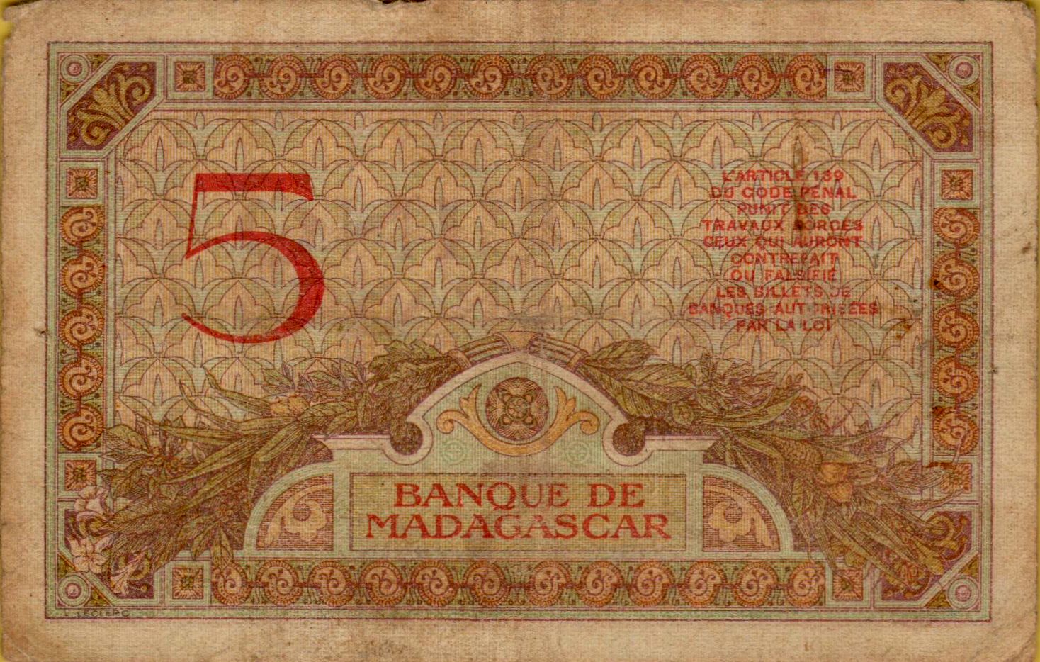 Madagascar 5 1937 VF P-35/2